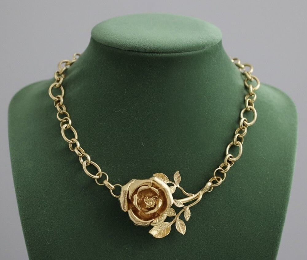 Zara Rose Flower Necklace Choker Pendant Gold Boho Statement Chain Chunky VTG